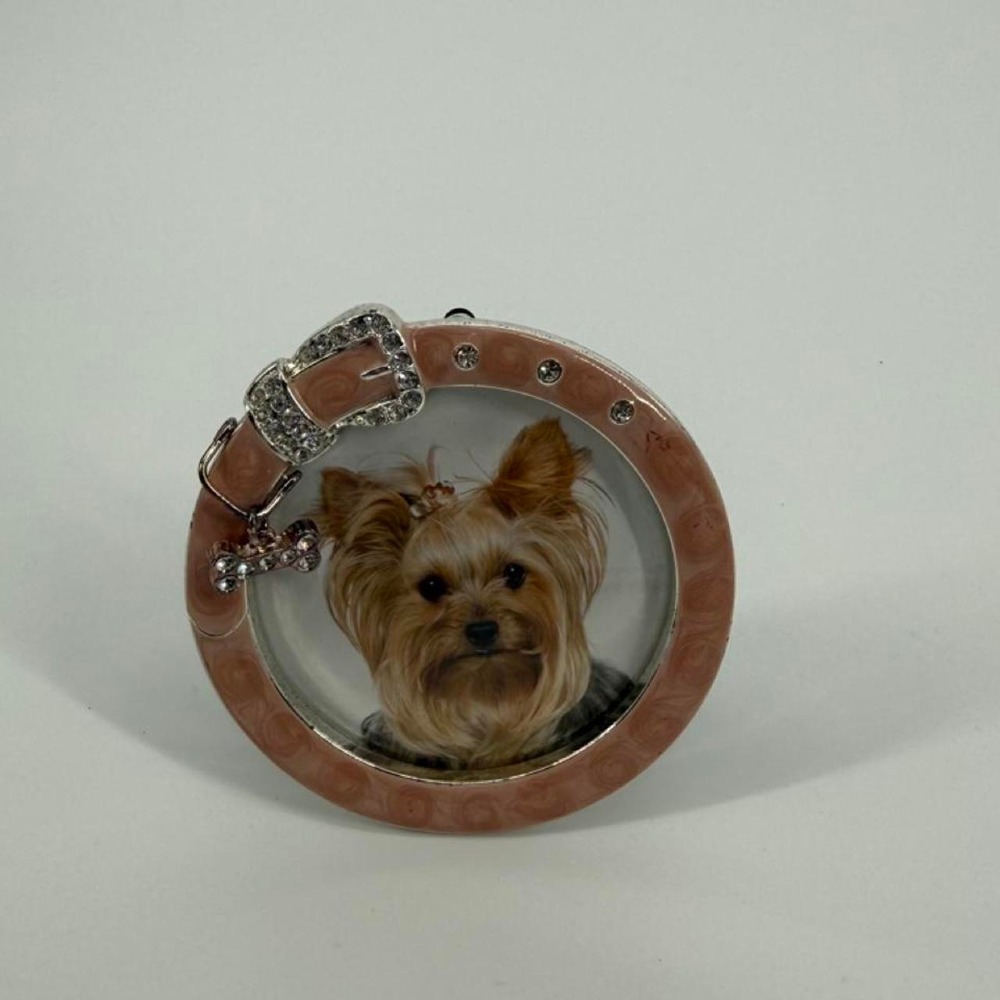 Two's Company Pink Dog Portrait Picture Frame Rhinestone Buckle Bone Charm Round